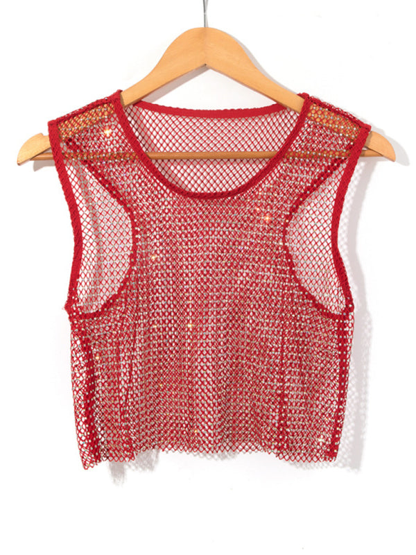 Skovae | Sexy Mesh Blitz Diamant Fiskernets Vest Natklub Perspektiv Hot Girl T-Shirt Top
