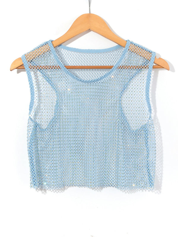 Skovae | Sexy Mesh Blitz Diamant Fiskernets Vest Natklub Perspektiv Hot Girl T-Shirt Top