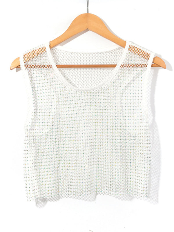 Skovae | Sexy Mesh Blitz Diamant Fiskernets Vest Natklub Perspektiv Hot Girl T-Shirt Top