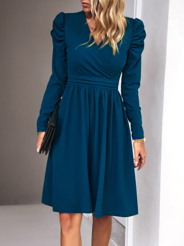 Stilla | Fashion Elegant Ensfarvet V - Hals Langærmet Kjole