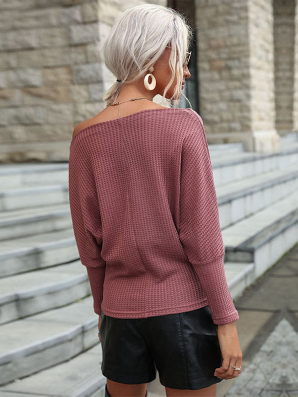 Stilla | Ensfarvet Langærmet Off Shoulder Strik Sweater