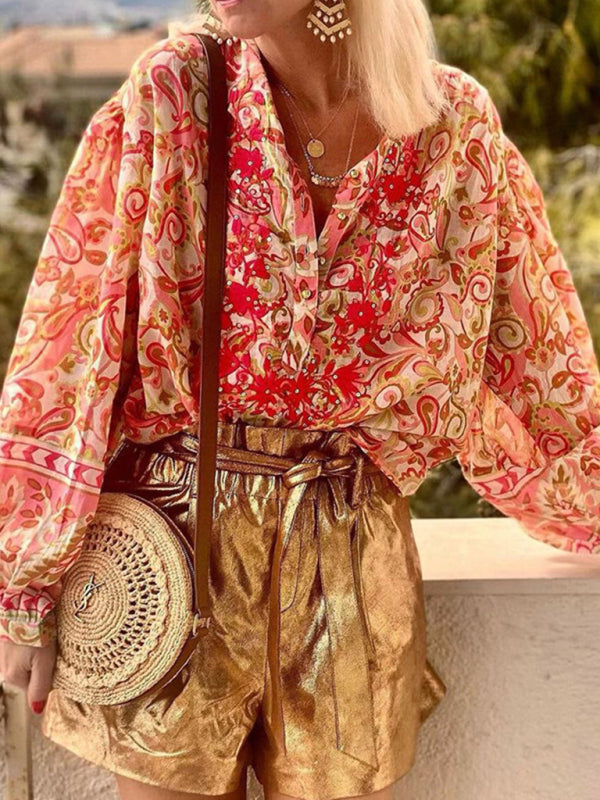 Stilla | Print Fashion Casual Floral V - Hals Knapper Ned Langærmet Skjorte