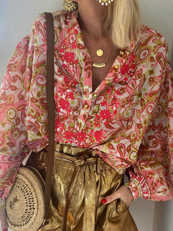 Stilla | Print Fashion Casual Floral V - Hals Knapper Ned Langærmet Skjorte
