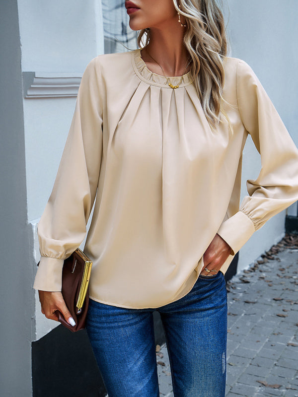 Stilla | Elegant Lace Collar Langærmet Ensfarvet Top