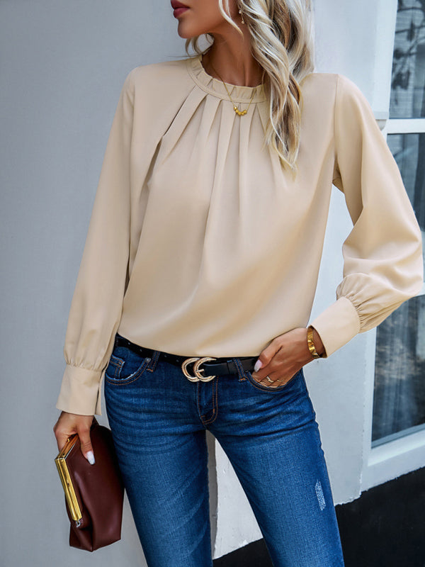 Stilla | Elegant Lace Collar Langærmet Ensfarvet Top