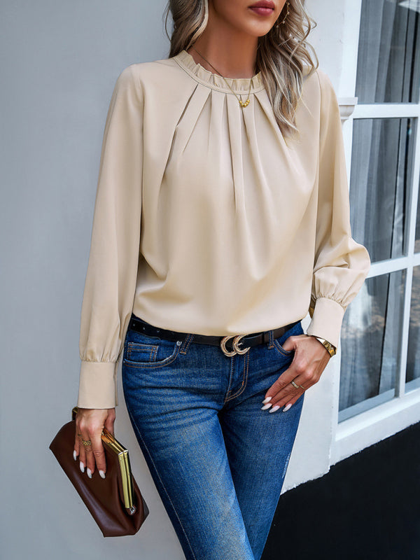 Stilla | Elegant Lace Collar Langærmet Ensfarvet Top