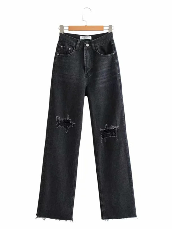Stilla | Løse Jeans, Revnet Raw Edge Straight Bukser, Gulvrengøringsbukser