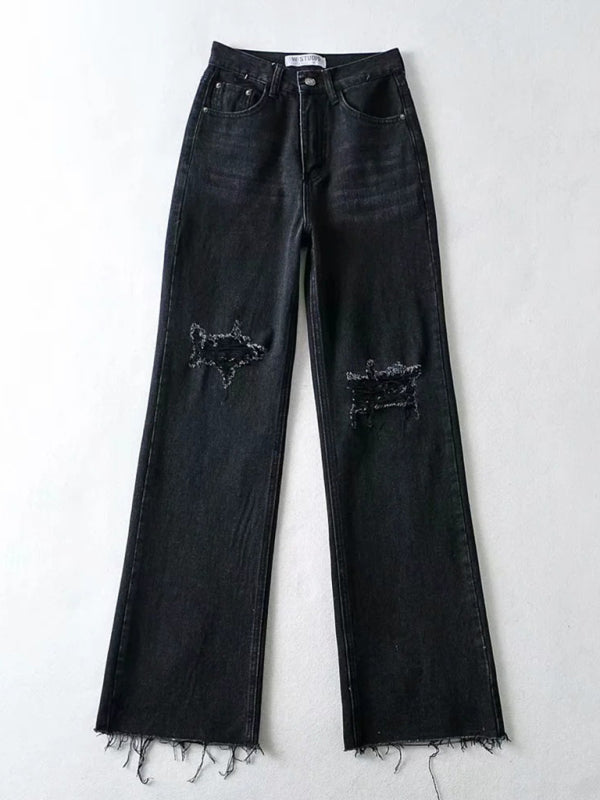 Stilla | Løse Jeans, Revnet Raw Edge Straight Bukser, Gulvrengøringsbukser
