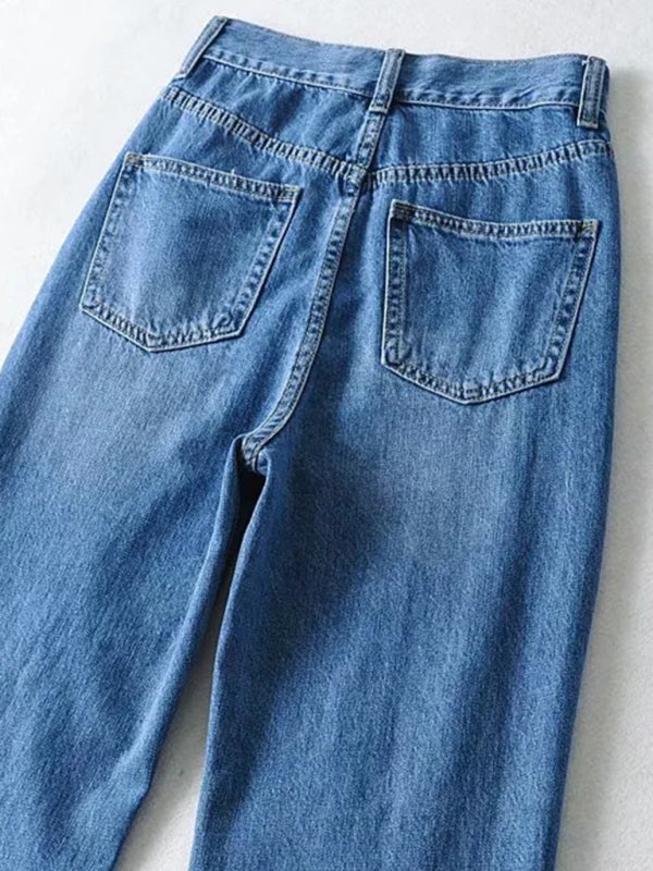 Stilla | Løse Jeans, Revnet Raw Edge Straight Bukser, Gulvrengøringsbukser