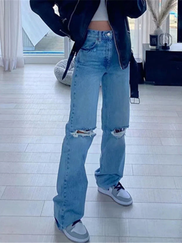 Stilla | Løse Jeans, Revnet Raw Edge Straight Bukser, Gulvrengøringsbukser