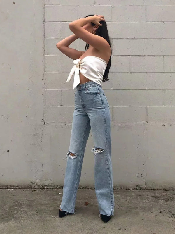 Stilla | Løse Jeans, Revnet Raw Edge Straight Bukser, Gulvrengøringsbukser