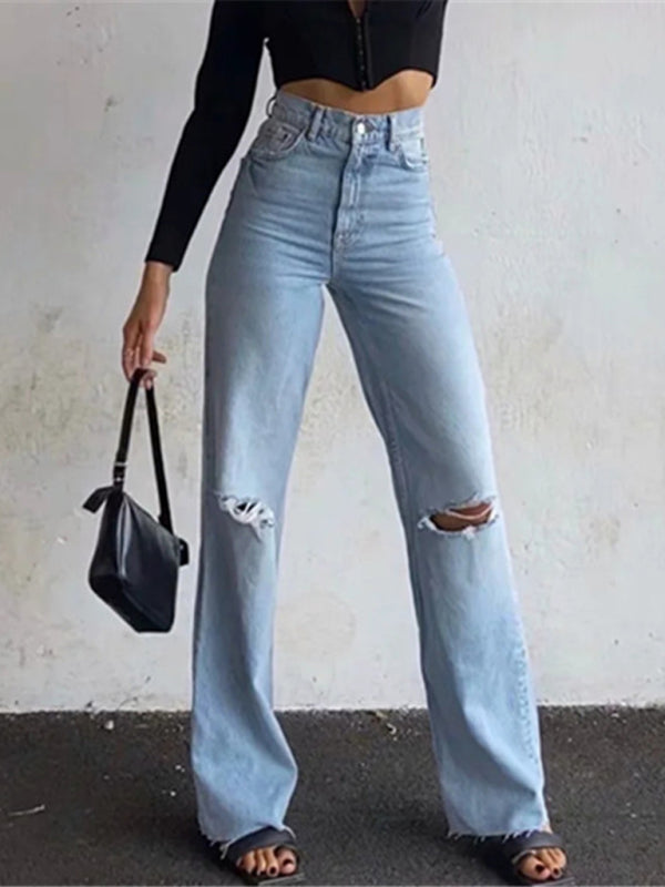 Stilla | Løse Jeans, Revnet Raw Edge Straight Bukser, Gulvrengøringsbukser