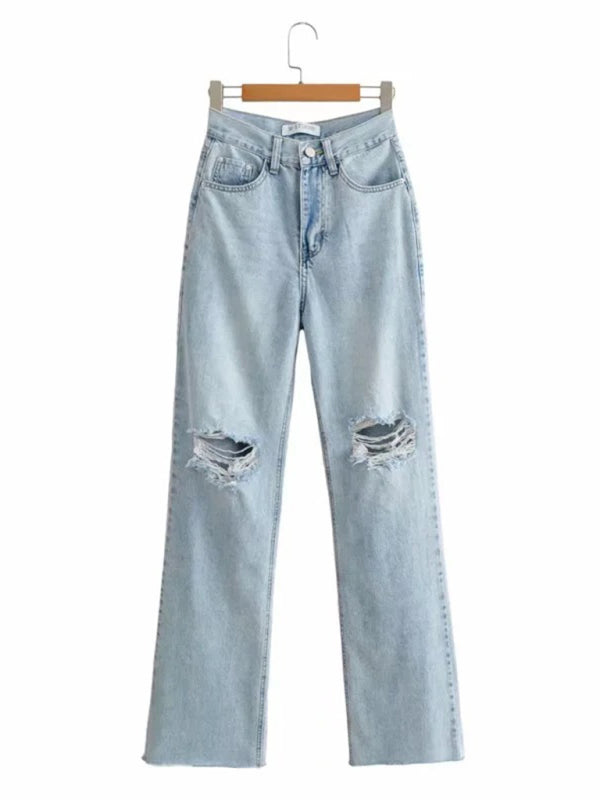 Stilla | Løse Jeans, Revnet Raw Edge Straight Bukser, Gulvrengøringsbukser