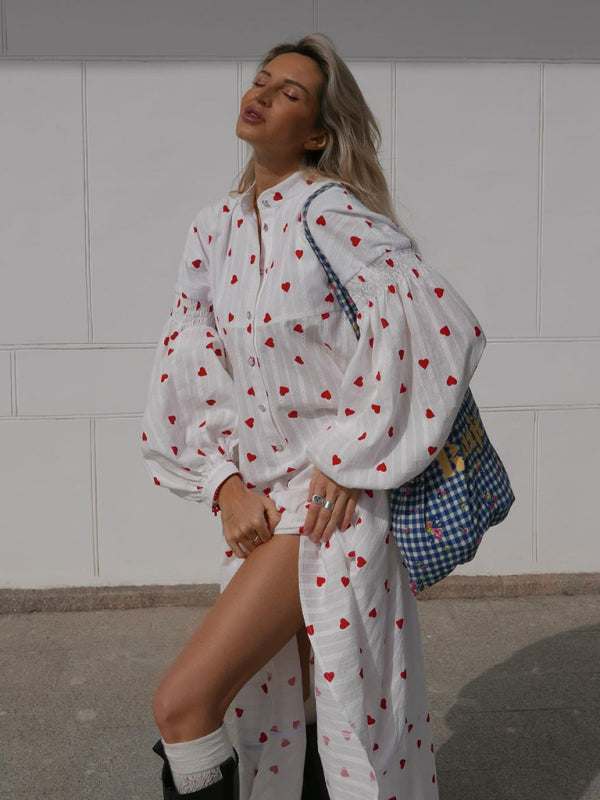 Stilla | Love Print Spliced Lang Lantern Ærme Ren Bomuld Swing Kjole