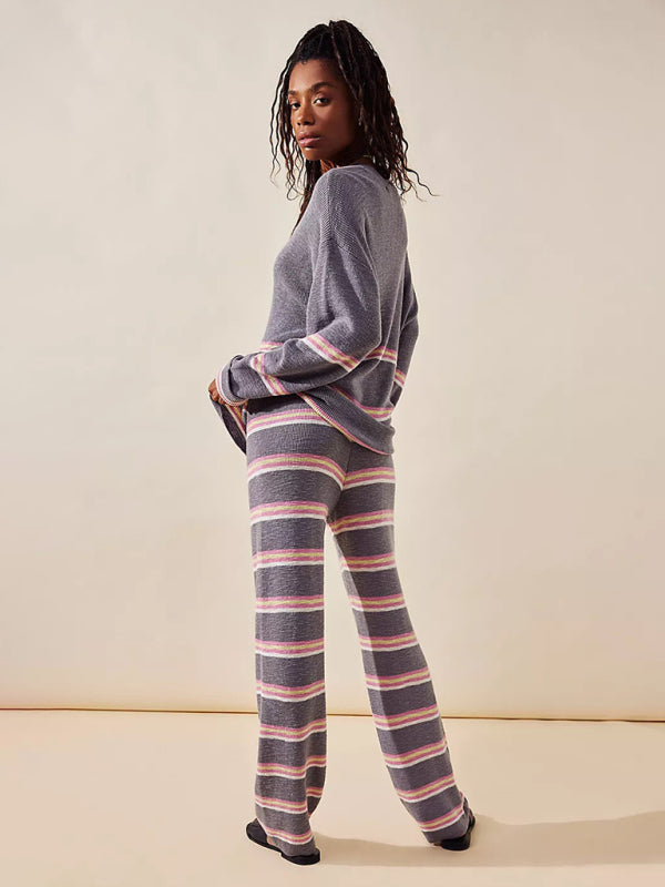 Stilla | Rund Hals Langærmet Stribet Sweater to Delt Løs Casual Bukser Sæt