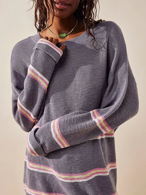 Stilla | Rund Hals Langærmet Stribet Sweater to Delt Løs Casual Bukser Sæt