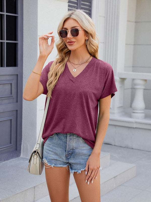 Stilla | V - Hals Ensfarvet Casual Kortærmet T Shirt Top