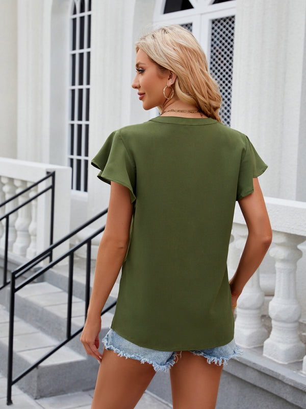 Stilla | Hals Flyvende Ærme Solid Farve Kortærmet Chiffon Løs Top