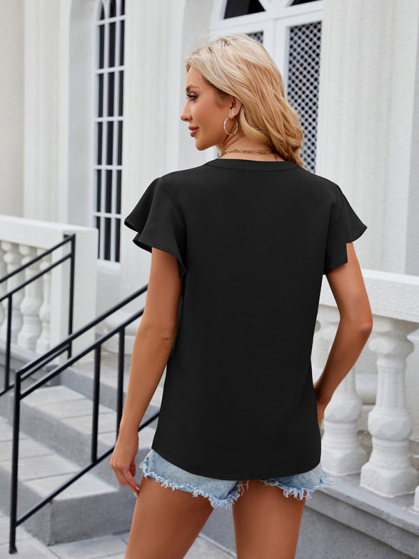 Stilla | Hals Flyvende Ærme Solid Farve Kortærmet Chiffon Løs Top
