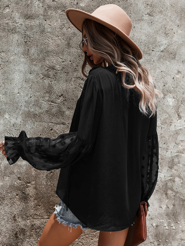 Stilla | Elegant Lace Stand Collar Puff Sleeve Skjorte