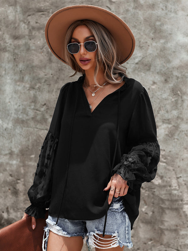 Stilla | Elegant Lace Stand Collar Puff Sleeve Skjorte