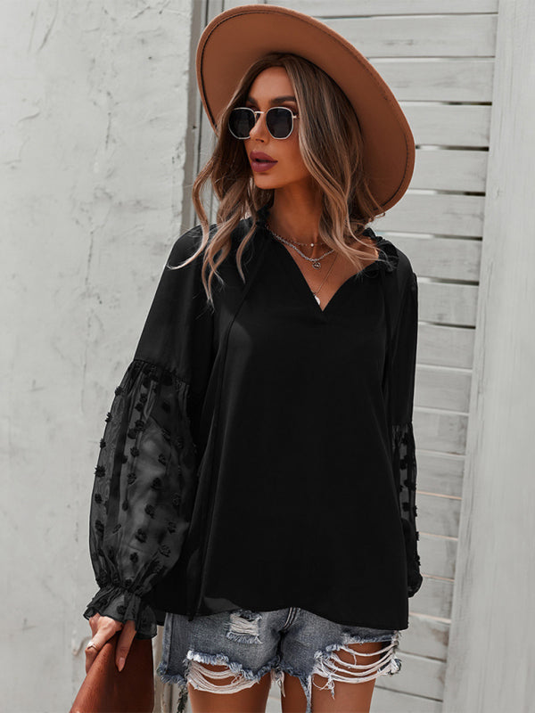 Stilla | Elegant Lace Stand Collar Puff Sleeve Skjorte