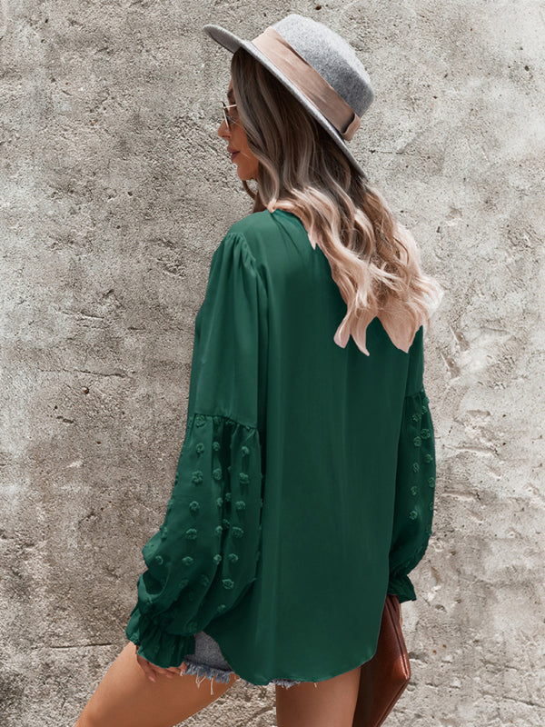 Stilla | Elegant Lace Stand Collar Puff Sleeve Skjorte
