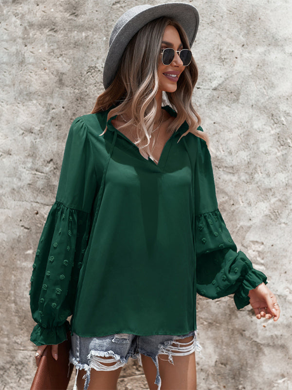 Stilla | Elegant Lace Stand Collar Puff Sleeve Skjorte