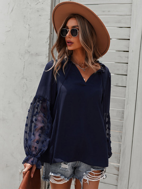 Stilla | Elegant Lace Stand Collar Puff Sleeve Skjorte