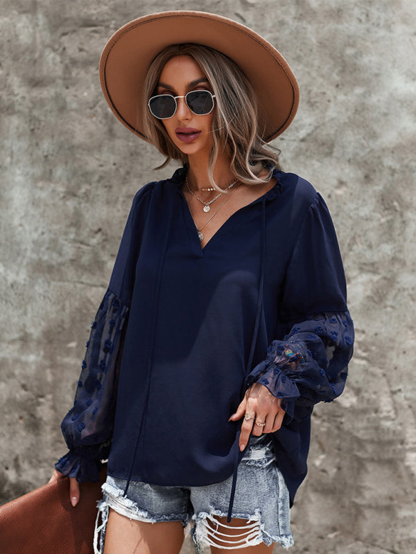 Stilla | Elegant Lace Stand Collar Puff Sleeve Skjorte