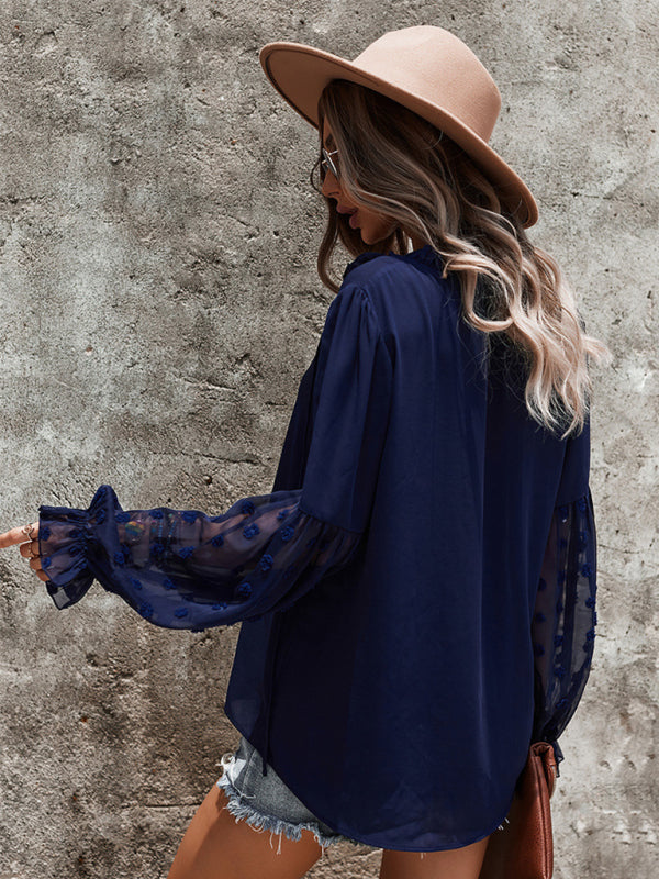 Stilla | Elegant Lace Stand Collar Puff Sleeve Skjorte