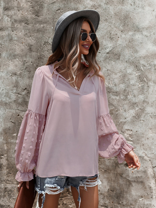 Stilla | Elegant Lace Stand Collar Puff Sleeve Skjorte