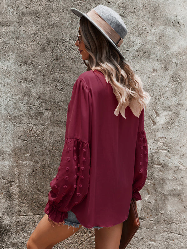 Stilla | Elegant Lace Stand Collar Puff Sleeve Skjorte