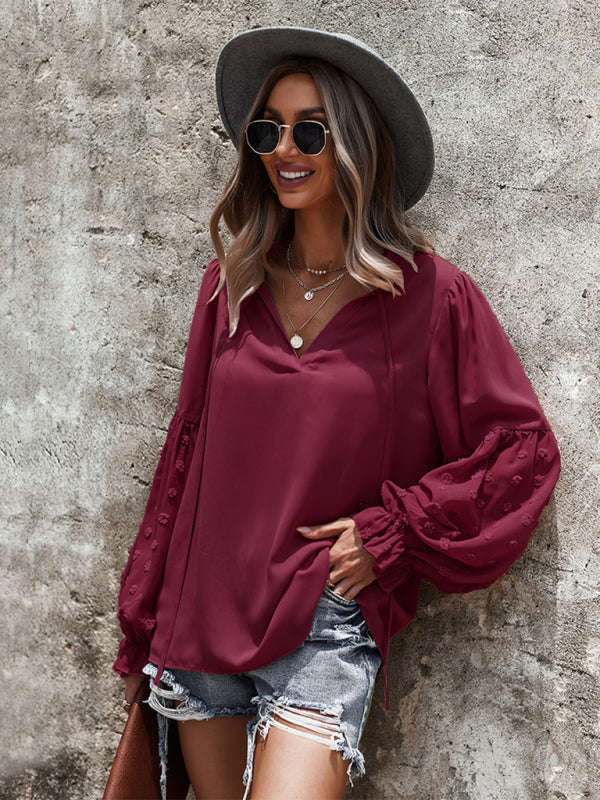 Stilla | Elegant Lace Stand Collar Puff Sleeve Skjorte