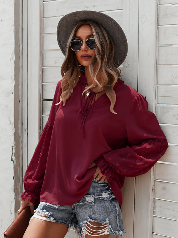 Stilla | Elegant Lace Stand Collar Puff Sleeve Skjorte