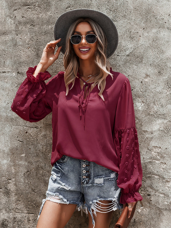 Stilla | Elegant Lace Stand Collar Puff Sleeve Skjorte