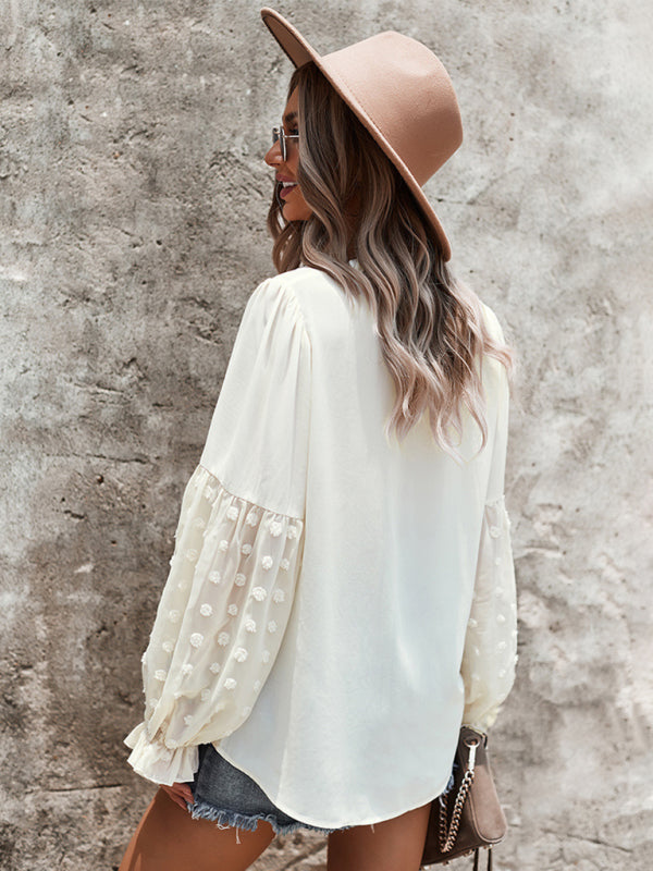 Stilla | Elegant Lace Stand Collar Puff Sleeve Skjorte