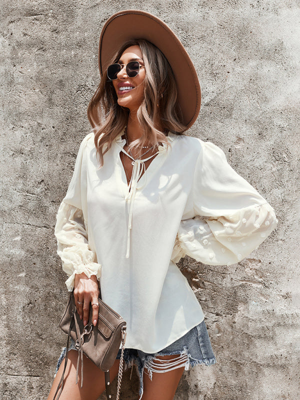 Stilla | Elegant Lace Stand Collar Puff Sleeve Skjorte