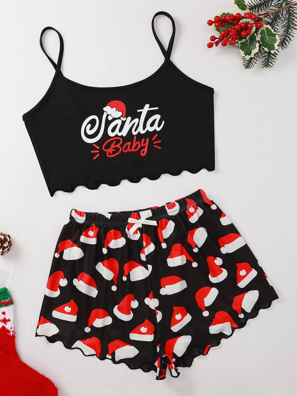 Stilla | Letter Elk Hat Print Ærmeløs Shorts Enkel Casual to Piece Hjem Tøj