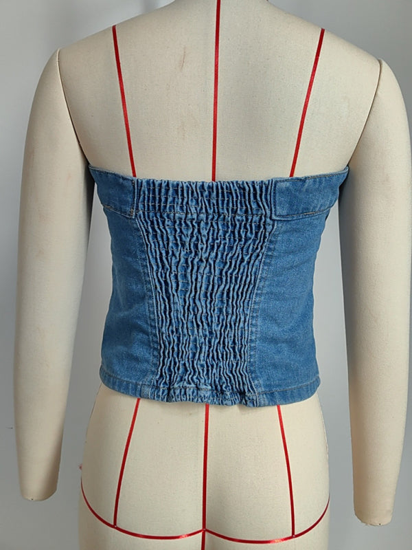 Stilla | One Row Knapet Off Shoulder Slim Vasket Denim Sexet Tube Top