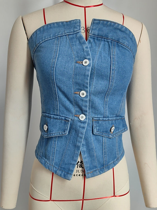 Stilla | One Row Knapet Off Shoulder Slim Vasket Denim Sexet Tube Top