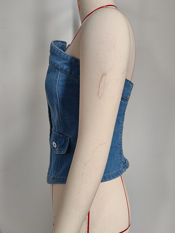 Stilla | One Row Knapet Off Shoulder Slim Vasket Denim Sexet Tube Top