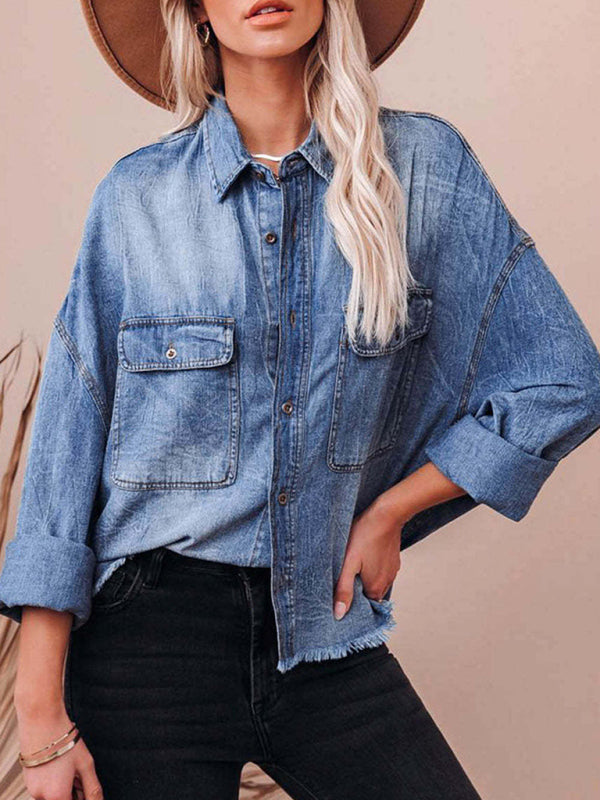 Stilla | Løs Denim Skjorte Drop Shoulder Blå Stor Lomme Skjorte