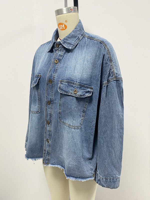 Stilla | Løs Denim Skjorte Drop Shoulder Blå Stor Lomme Skjorte