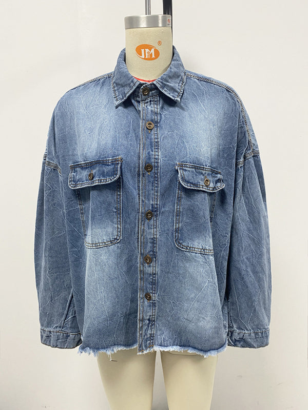 Stilla | Løs Denim Skjorte Drop Shoulder Blå Stor Lomme Skjorte
