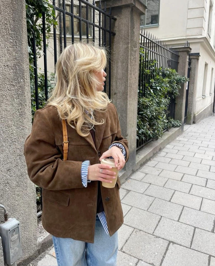 Stilla | Suede Dameblå Jakke Brun