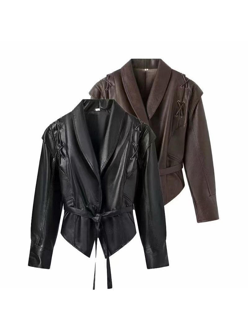Stilla | Læder Snøre Lapel Krave Blazer Jakke