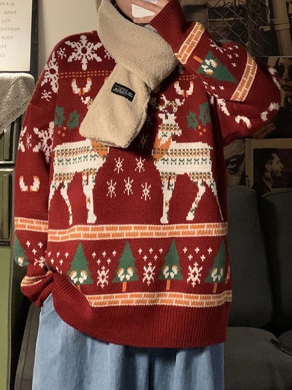 Stilla | Vintage Rundhalset Pullover med julemårdyrtryk