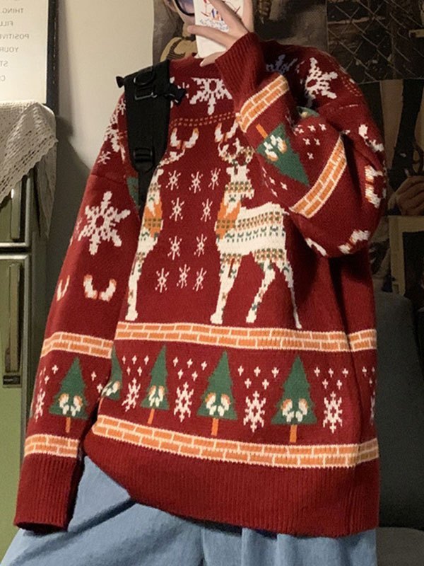 Stilla | Vintage Rundhalset Pullover med julemårdyrtryk