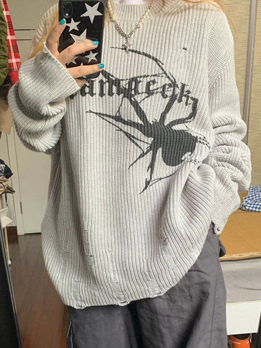 Stilla | Punk Ribbestrikket Sweatshirt med Trykt Edderkop